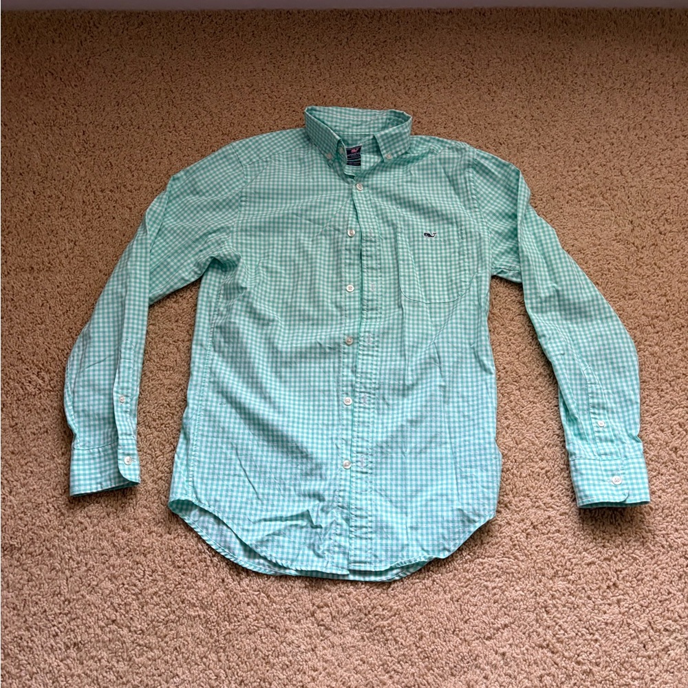 Vineyard Vines Men's Light Green Checkered Button Down Shirt